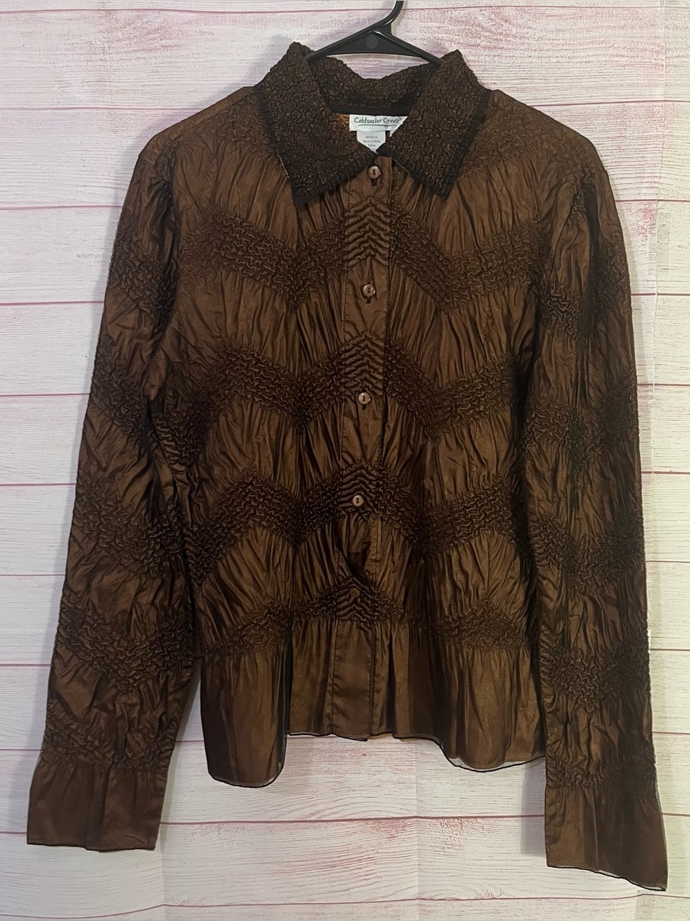 Coldwater Creek Brown Coppery Crinkle Chevron Black Overlay Button Up Medium
